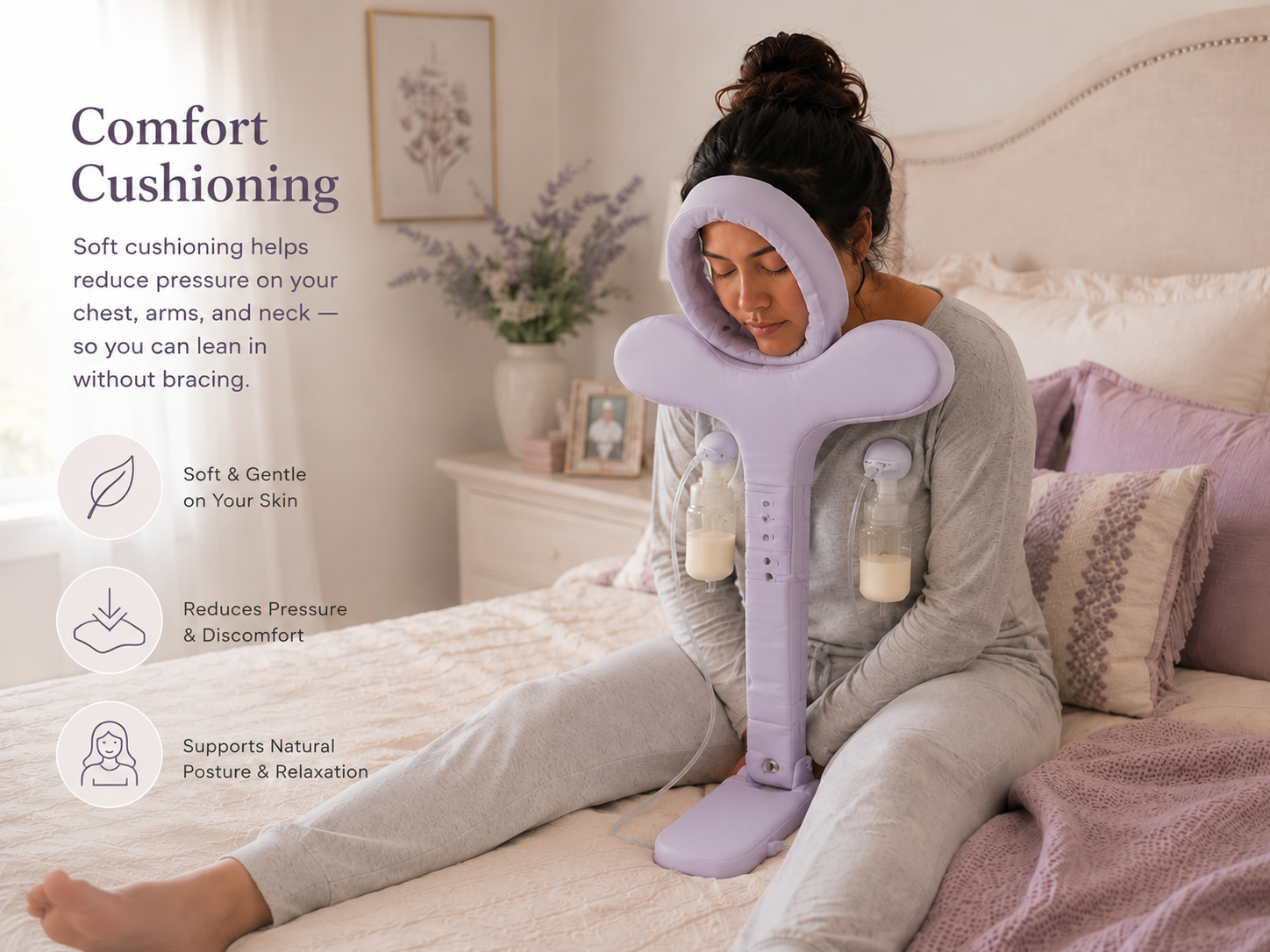 Comfort Cushioning — soft cushioning helps reduce pressure on your chest, arms, and neck so you can lean in without bracing